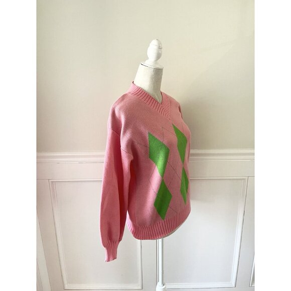 Missguided Pink & Green Argyle V-Neck Sweater NWT Size 6 - Picture 3 of 4